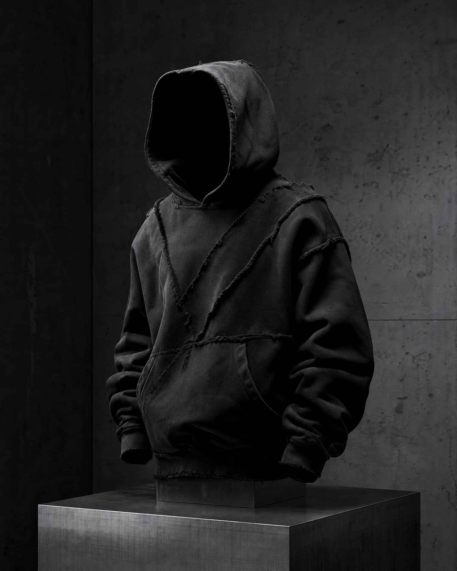 Oversized black Void Hoodie displayed in a dark concrete studio