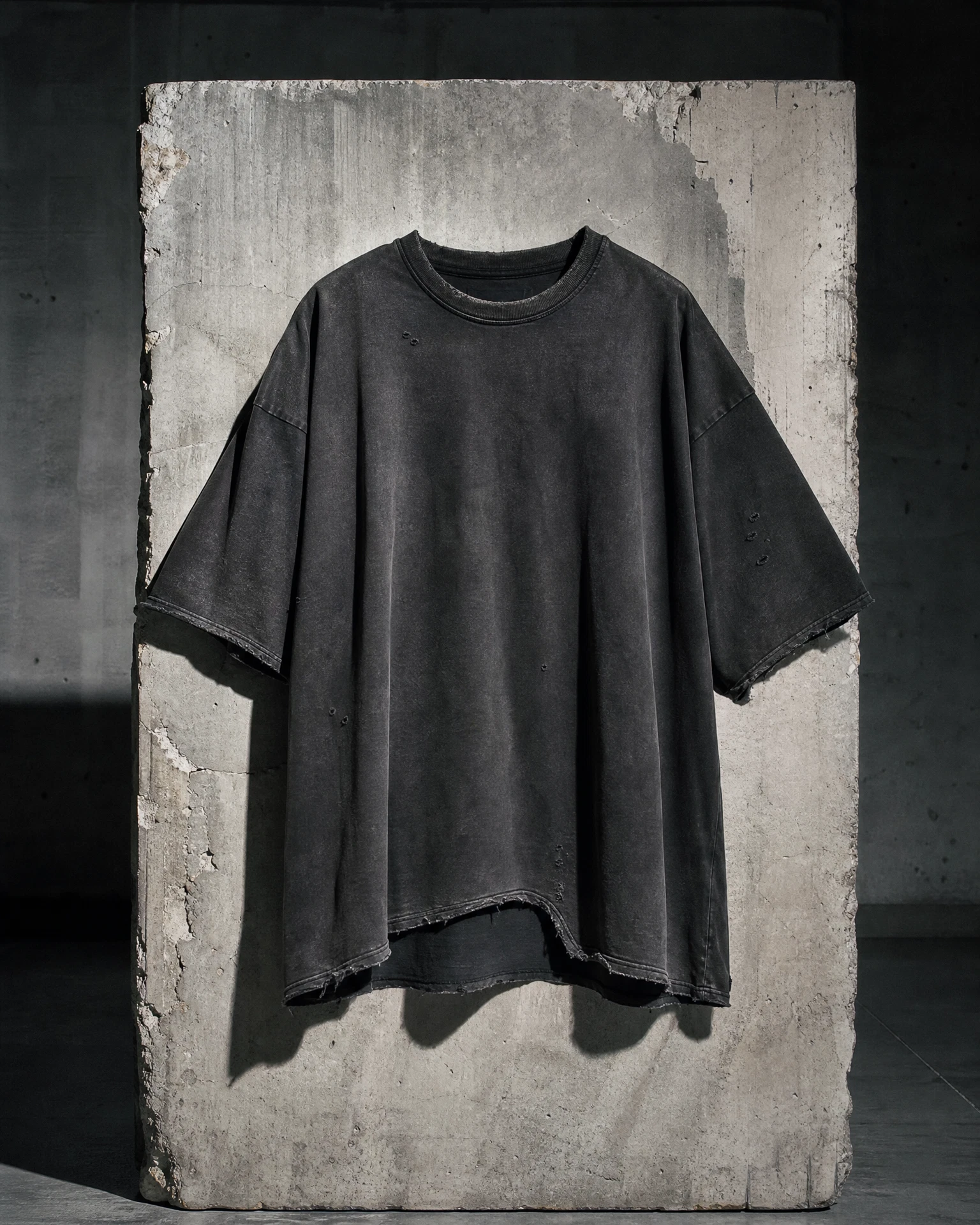 Washed charcoal Distressed Tee suspended against weathered concrete