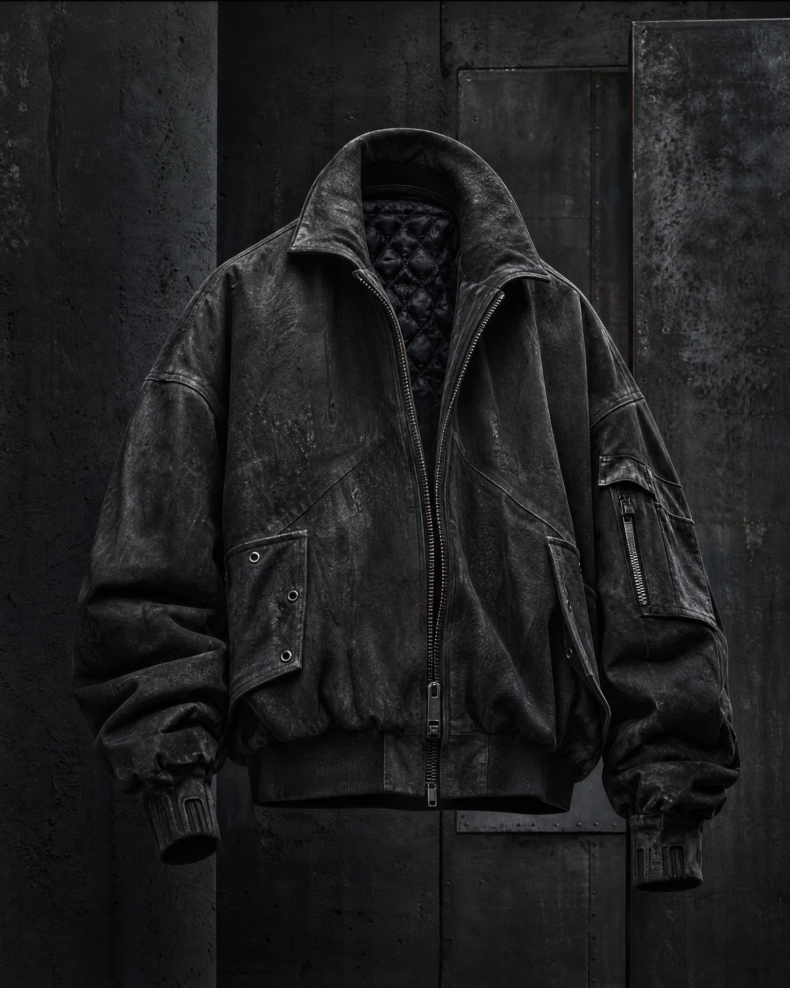 Architectural charcoal Ash Bomber displayed against black steel panels