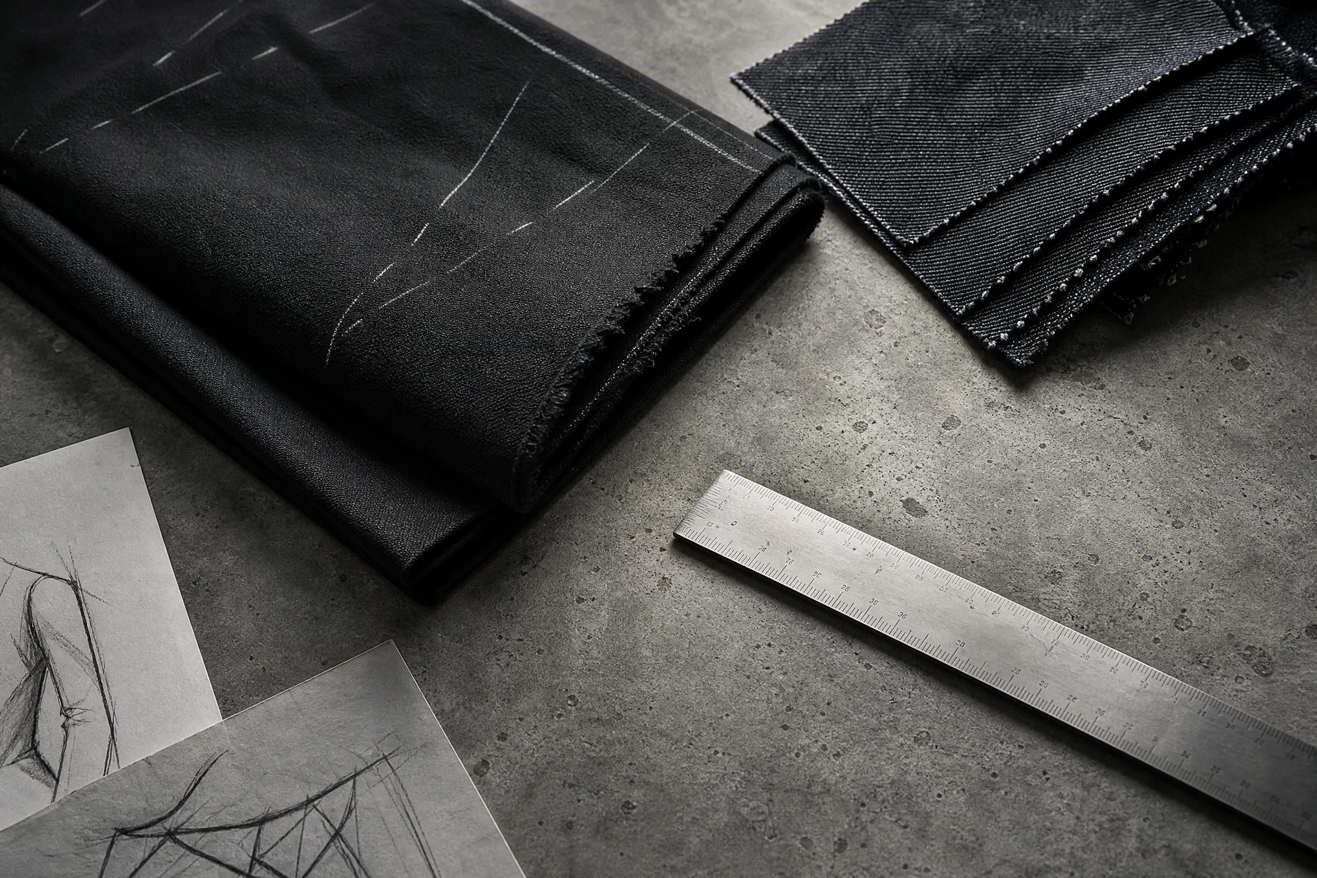 Black fabrics, raw denim and steel tools on a concrete cutting table