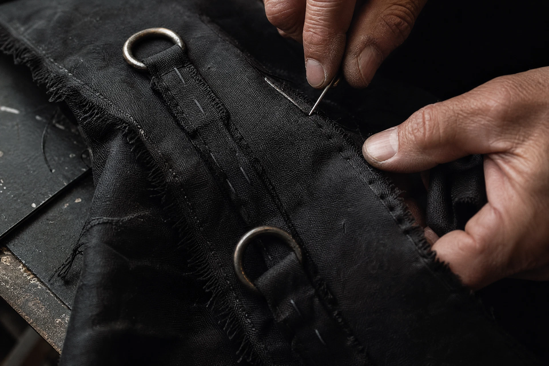 Close-up of hand distressing and steel hardware on black fabric